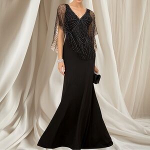 NEW Black V-Neck Sheath Shape Long Evening Dress w/Beaded Cape NXY531 Size 10W